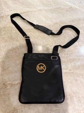Michael Kors Black Leather Messenger Bag with Gold MK Emblem